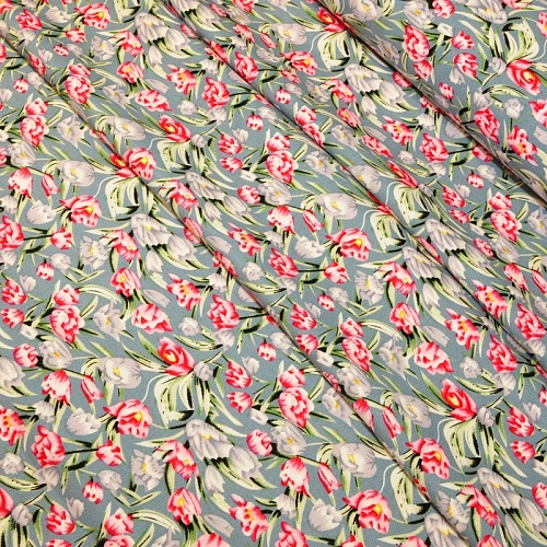 Штапель "Твил" Тюльпаны на голубом фоне