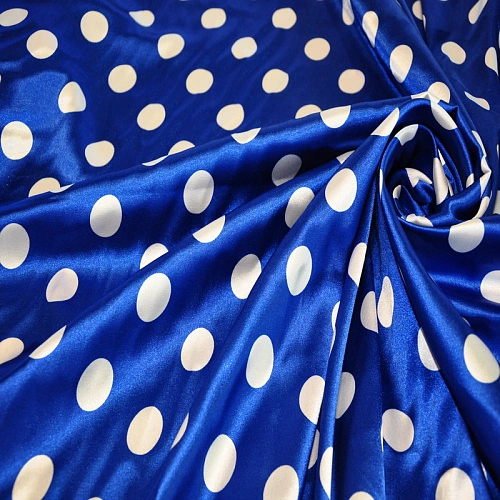 Атлас тонкий принт (васильковый фон белый горох 2,5см)