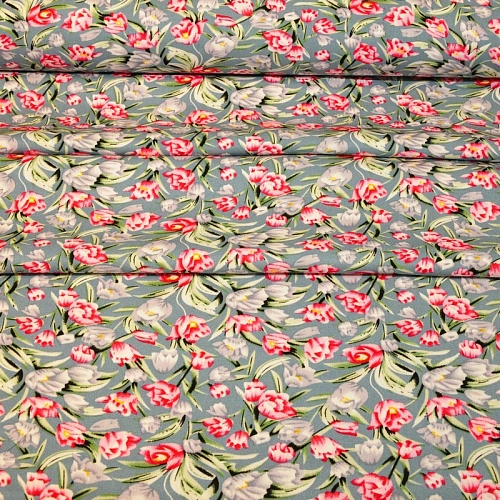 Штапель "Твил" Тюльпаны на голубом фоне