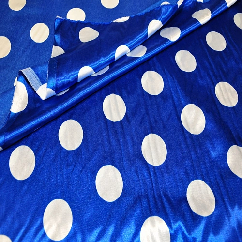 Атлас тонкий принт (васильковый фон белый горох 4см)