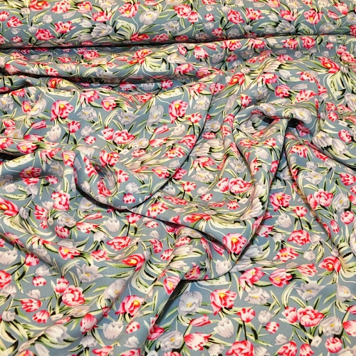 Штапель "Твил" Тюльпаны на голубом фоне