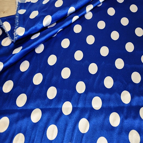 Атлас тонкий принт (васильковый фон белый горох 2,5см)