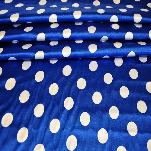 Атлас тонкий принт (васильковый фон белый горох 2,5см)