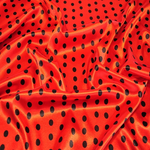 Атлас тонкий принт (красный фон черный горох 1см)