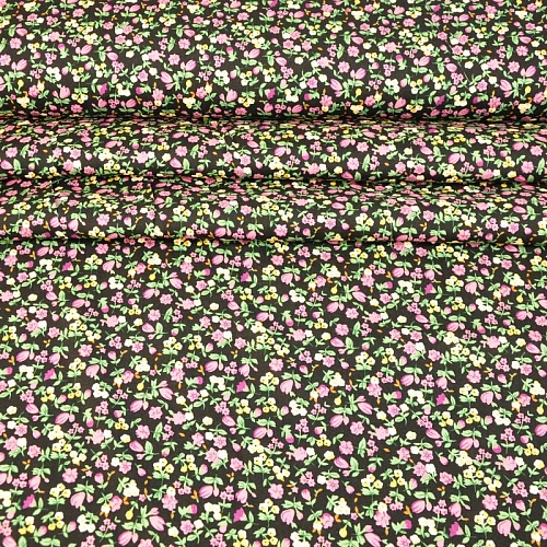 Штапель принт "Мелкий цветочек на черном фоне"