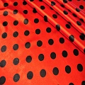 Атлас тонкий принт (красный фон черный горох 2,5см)