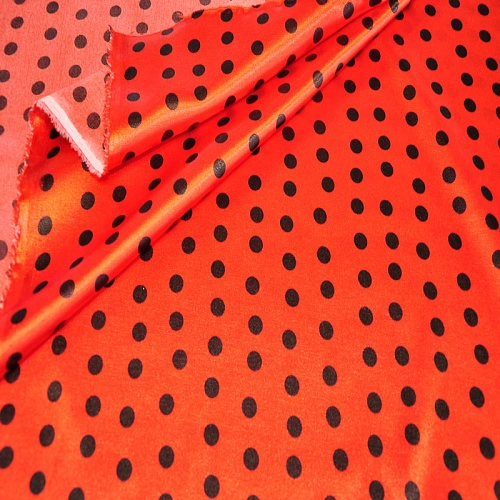 Атлас тонкий принт (красный фон черный горох 1см)