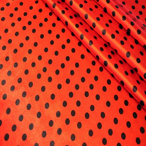 Атлас тонкий принт (красный фон черный горох 1см)