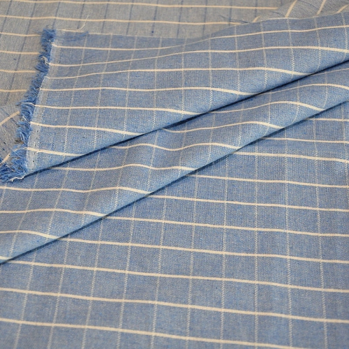 Рубашечны хлопок с фактурой льна (клетка голубой)