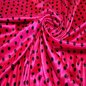 Атлас тонкий принт (малиновый фон черный горох 1см)