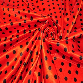 Атлас тонкий принт (красный фон черный горох 1см)