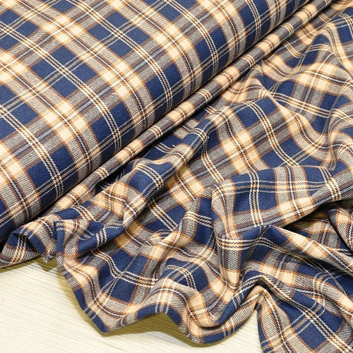 Ткань рубашечная фланель в клетку (синий +бежевый)