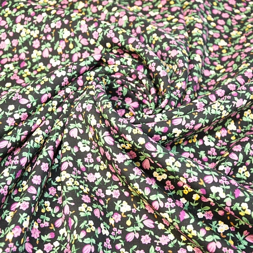 Штапель принт "Мелкий цветочек на черном фоне"