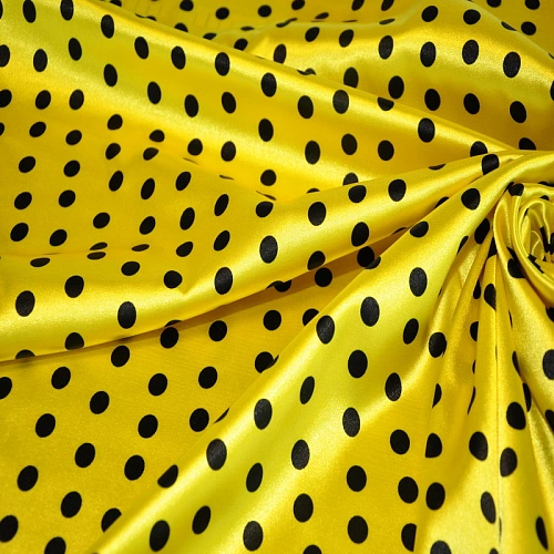 Атлас тонкий принт (желтый фон черный горох 1см)