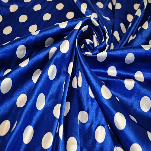 Атлас тонкий принт (васильковый фон белый горох 2,5см)