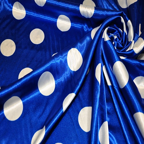 Атлас тонкий принт (васильковый фон белый горох 4см)