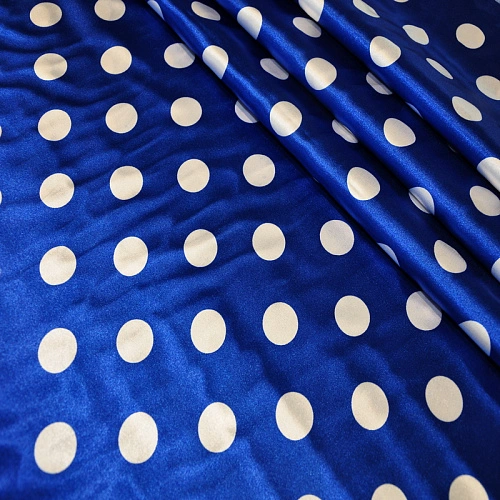 Атлас тонкий принт (васильковый фон белый горох 2,5см)