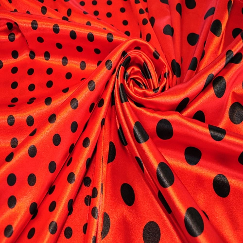 Атлас тонкий принт (красный фон черный горох 1см)