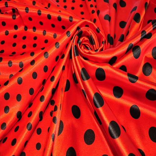 Атлас тонкий принт (красный фон черный горох 1см)