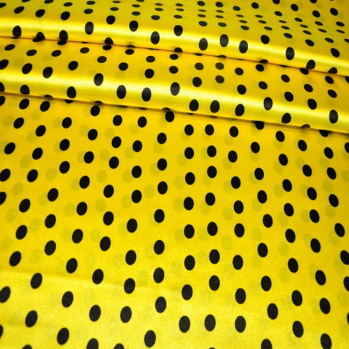 Атлас тонкий принт (желтый фон черный горох 1см)