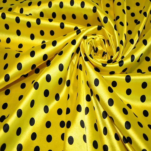 Атлас тонкий принт (желтый фон черный горох 1см)