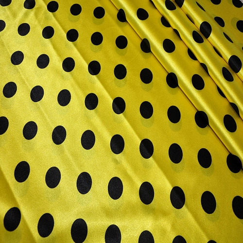Атлас тонкий принт (желтый фон черный горох 2,5 см)