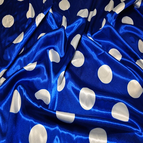 Атлас тонкий принт (васильковый фон белый горох 4см)